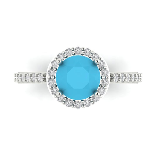 1.86 cttw Simulated Turquoise Hidden Halo Engagement Ring - Solid White Gold (VVS1, Round Cut,7.5mm)