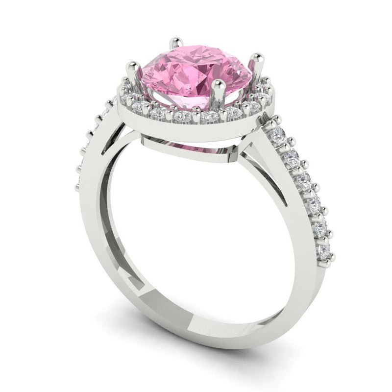 2.37 ct Brilliant Round Cut Pink Simulated Diamond Stone White Gold Halo Solitaire with Accents Ring