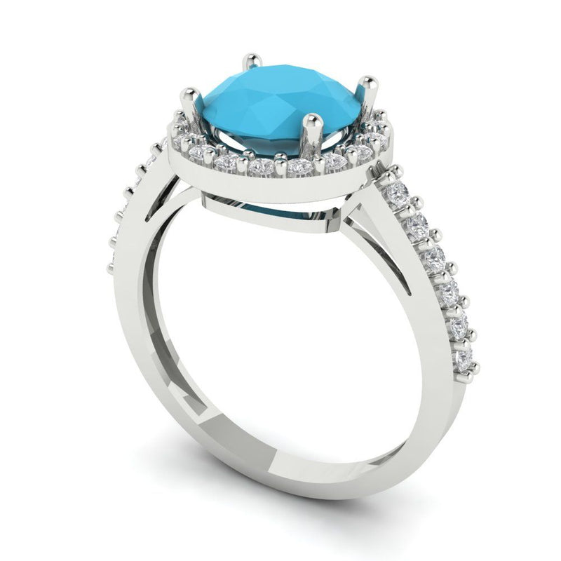 2.37 ct Brilliant Round Cut Simulated Turquoise Stone White Gold Halo Solitaire with Accents Ring