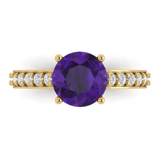 2.3 cttw Natural Amethyst Solitaire with Zirconia Simulated Diamond Accents Engagement Ring - Solid Yellow Gold (VVS1, Round Cut,8.0mm)