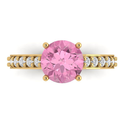 2.3 cttw Zirconia Simulated Pink Diamond Solitaire with Zirconia Simulated Diamond Accents Engagement Ring - Solid Gold (VVS1, Round Cut,8.0mm)