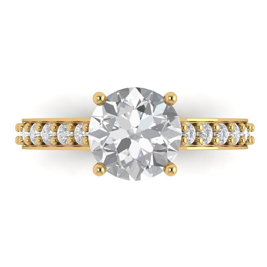 2.3 cttw Moissanite Solitaire with Zirconia Simulated Diamond Accents Engagement Ring - Solid Yellow Gold (VVS1, Round Cut,8.0mm)