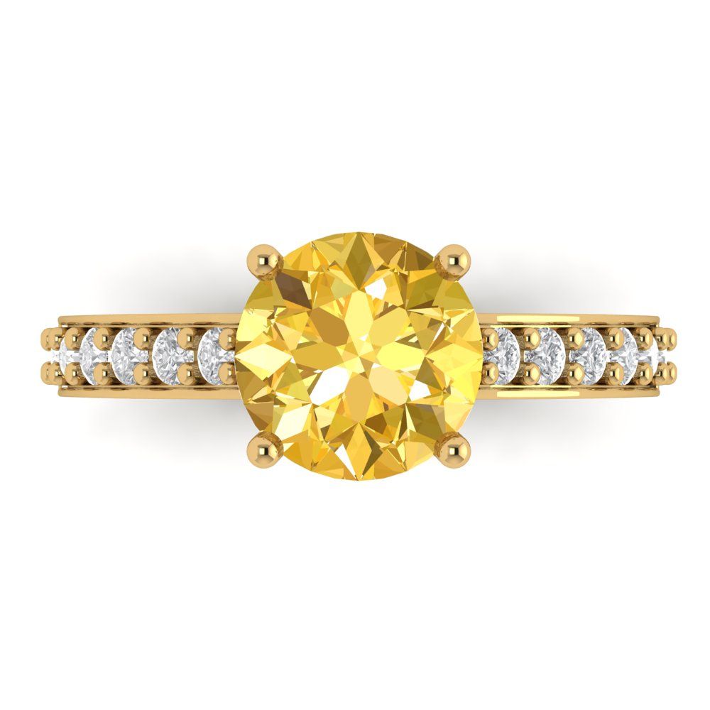 2.3 cttw Zirconia Simulated Yellow Diamond Solitaire with Zirconia Simulated Diamond Accents Engagement Ring - Solid Gold (VVS1, Round Cut,8.0mm)