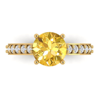 2.3 cttw Zirconia Simulated Yellow Diamond Solitaire with Zirconia Simulated Diamond Accents Engagement Ring - Solid Gold (VVS1, Round Cut,8.0mm)