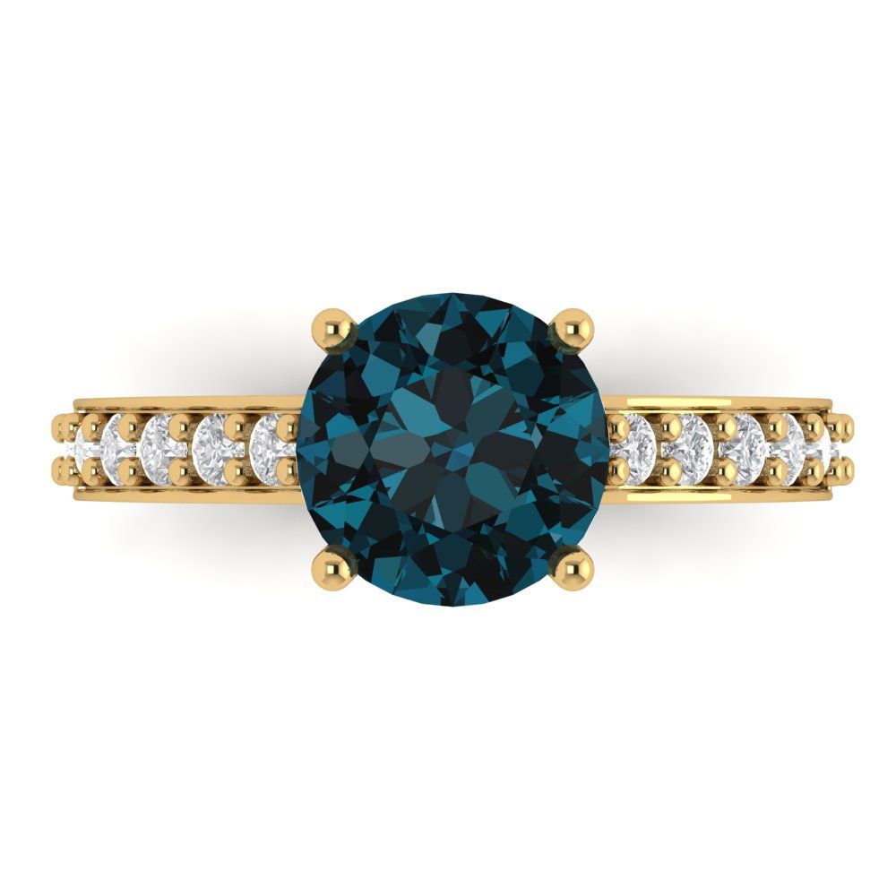 2.3 cttw Natural London Blue Topaz Solitaire with Zirconia Simulated Diamond Accents Engagement Ring - Solid Gold (Round Cut,8.0mm)