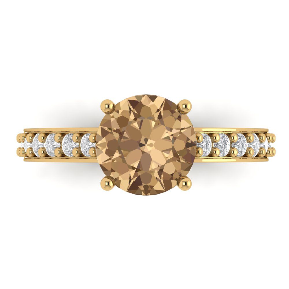 2.3 cttw Zirconia Simulated Champagne Diamond Solitaire with Zirconia Simulated Diamond Accents Engagement Ring - Solid Gold (VVS1, Round Cut,8.0mm)