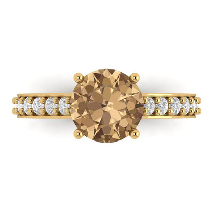 2.3 cttw Zirconia Simulated Champagne Diamond Solitaire with Zirconia Simulated Diamond Accents Engagement Ring - Solid Gold (VVS1, Round Cut,8.0mm)