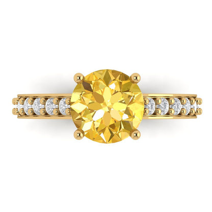 2.3 cttw Natural Citrine Solitaire with Zirconia Simulated Diamond Accents Engagement Ring - Solid Gold (Round Cut,8.0mm)