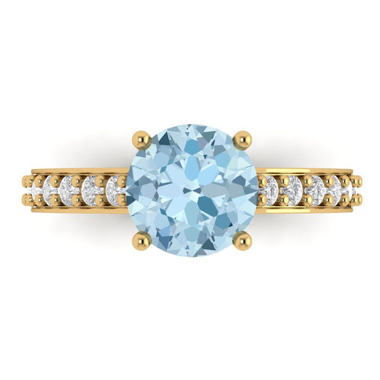 2.3 cttw Natural Aquamarine Solitaire with Zirconia Simulated Diamond Accents Engagement Ring - Solid Yellow Gold (VVS1, Round Cut,8.0mm)