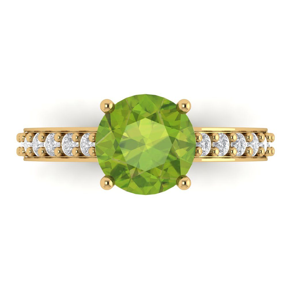2.3 cttw Natural Peridot Solitaire with Zirconia Simulated Diamond Accents Engagement Ring - Solid Gold (Round Cut,8.0mm)