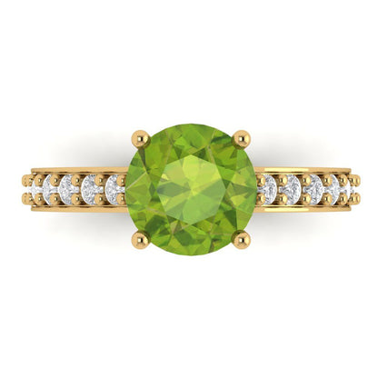 2.3 cttw Natural Peridot Solitaire with Zirconia Simulated Diamond Accents Engagement Ring - Solid Gold (Round Cut,8.0mm)