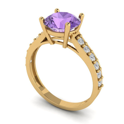 2.3 cttw Simulated Alexandrite Solitaire with Zirconia Simulated Diamond Accents Engagement Ring - Solid Gold (Round Cut,8.0mm)