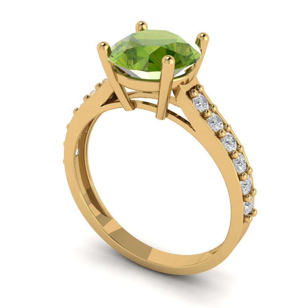 2.3 cttw Natural Peridot Solitaire with Zirconia Simulated Diamond Accents Engagement Ring - Solid Gold (Round Cut,8.0mm)