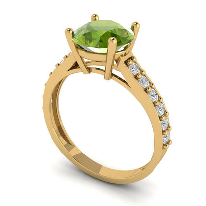 2.3 cttw Natural Peridot Solitaire with Zirconia Simulated Diamond Accents Engagement Ring - Solid Gold (Round Cut,8.0mm)