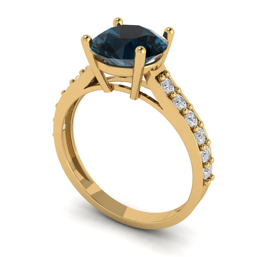 2.3 cttw Natural London Blue Topaz Solitaire with Zirconia Simulated Diamond Accents Engagement Ring - Solid Gold (Round Cut,8.0mm)