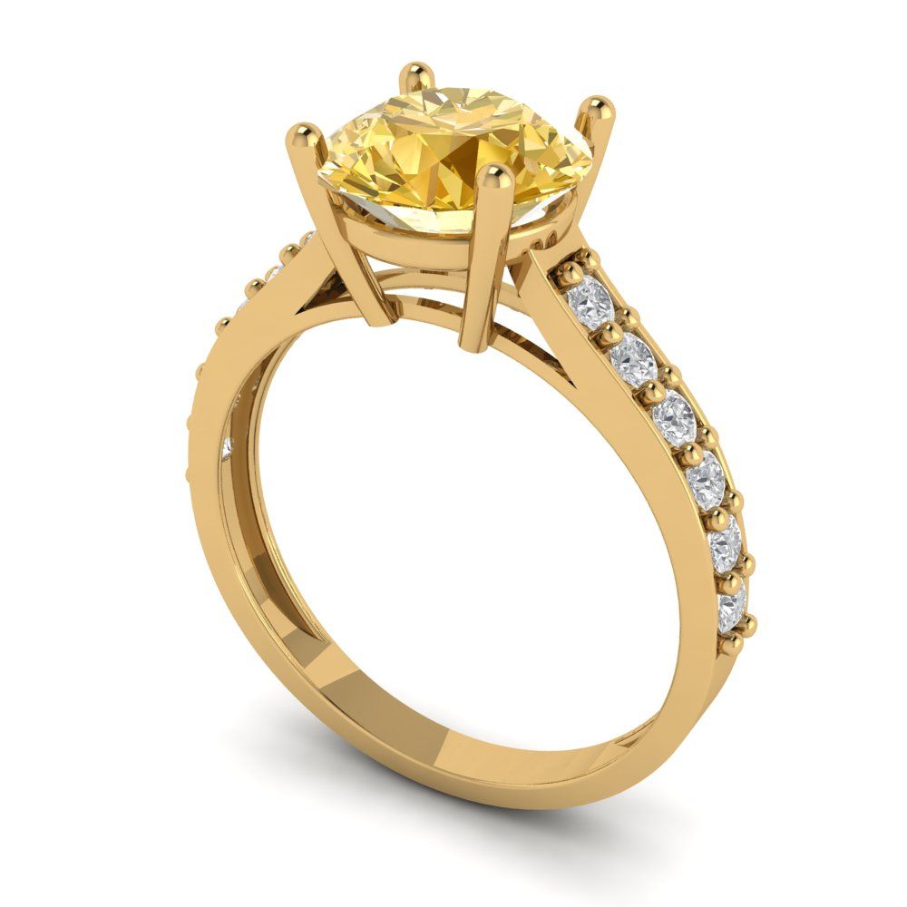 2.3 cttw Zirconia Simulated Yellow Diamond Solitaire with Zirconia Simulated Diamond Accents Engagement Ring - Solid Gold (VVS1, Round Cut,8.0mm)