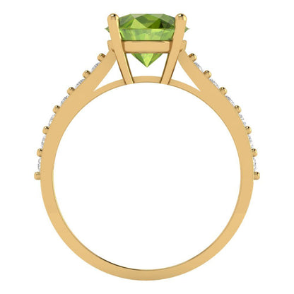 2.3 cttw Natural Peridot Solitaire with Zirconia Simulated Diamond Accents Engagement Ring - Solid Gold (Round Cut,8.0mm)