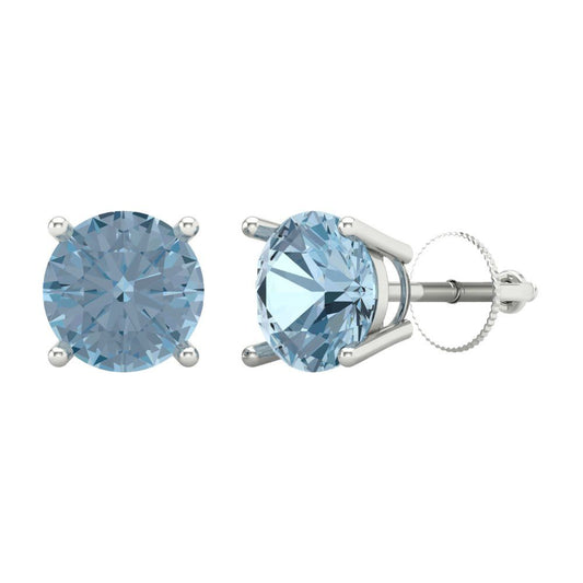 3 ctw Aquamarine Studs Earrings | 7.5mm Round Cut White Gold Screw back | March Birthstone