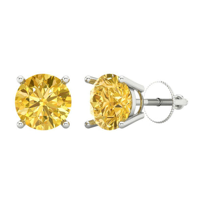 3 ctw Yellow Zirconia Studs Earrings | 7.5mm Round Cut White Gold Screw back | April Birthstone