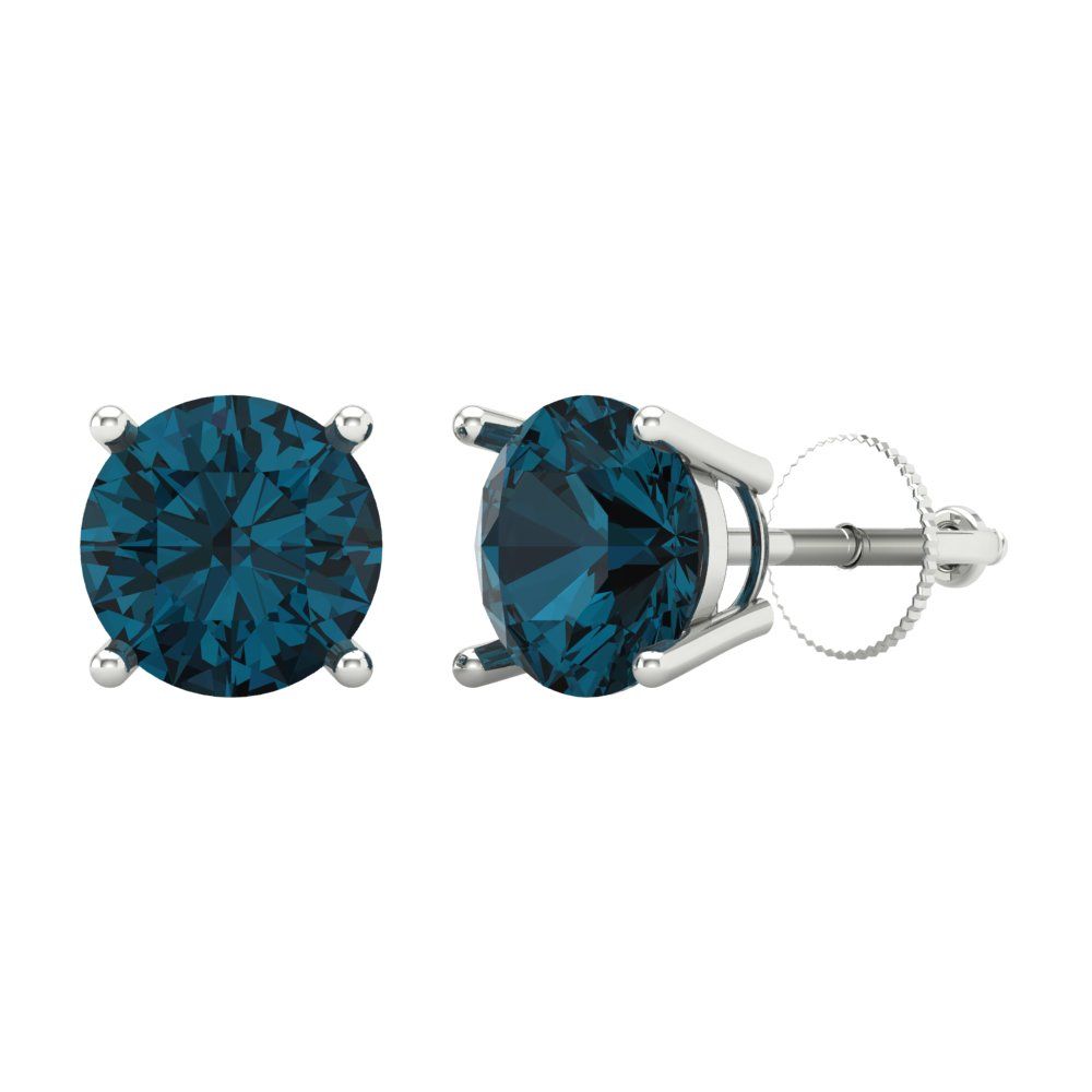 3 ctw London Blue Topaz Studs Earrings | 7.5mm Round Cut White Gold Screw back | December Birthstone