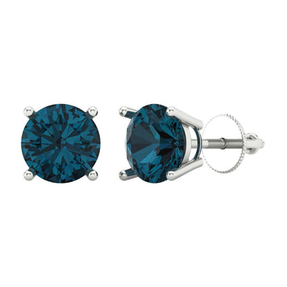 3 ctw London Blue Topaz Studs Earrings | 7.5mm Round Cut White Gold Screw back | December Birthstone
