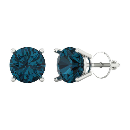 3 ctw London Blue Topaz Studs Earrings | 7.5mm Round Cut White Gold Screw back | December Birthstone