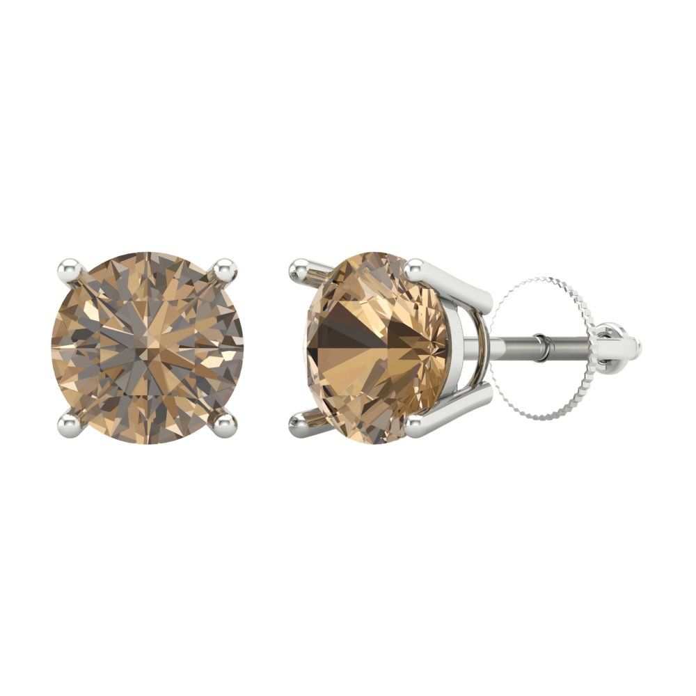 3 ctw Champagne Studs Earrings | 7.5mm Round Cut White Gold Screw back | April Birthstone