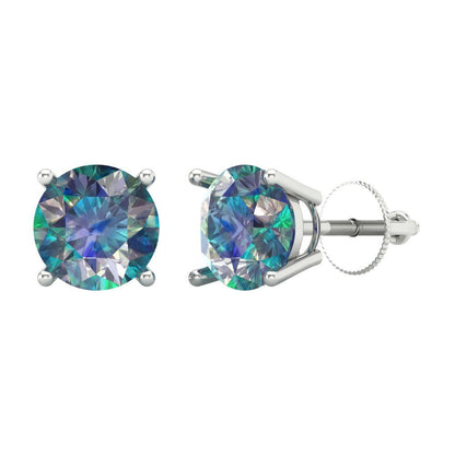3 ctw Blue Moissanite Studs Earrings | 7.5mm Round Cut White Gold Screw back | April Birthstone