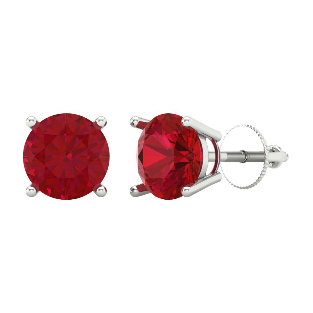 3 ctw Ruby Studs Earrings | 7.5mm Round Cut White Gold Screw back | July Birthstone