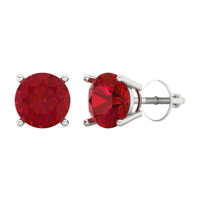 3 ctw Ruby Studs Earrings | 7.5mm Round Cut White Gold Screw back | July Birthstone