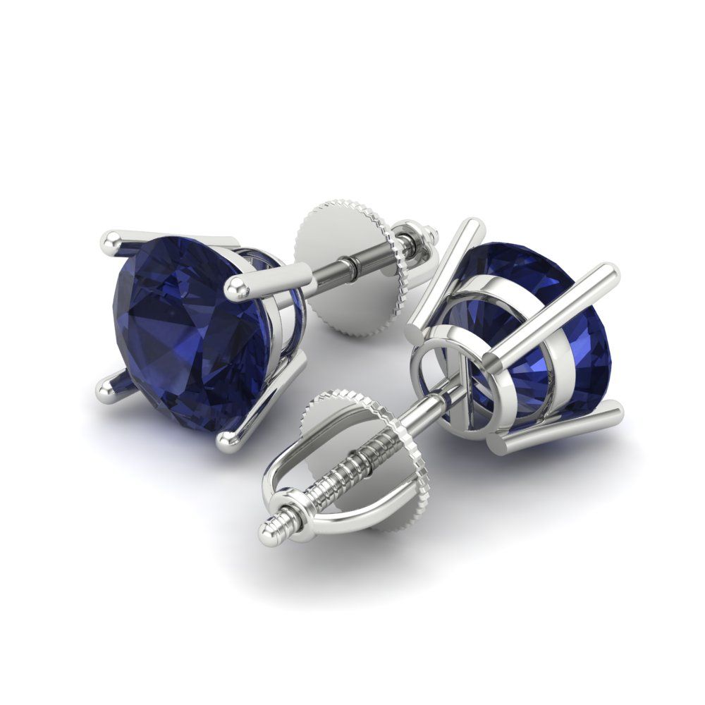 3 ctw Blue Sapphire Studs Earrings | 7.5mm Round Cut White Gold Screw back | September Birthstone