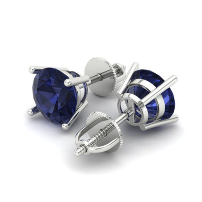 3 ctw Blue Sapphire Studs Earrings | 7.5mm Round Cut White Gold Screw back | September Birthstone