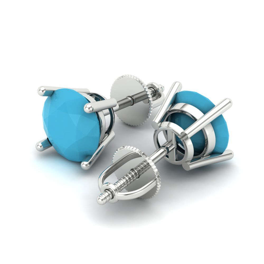 3 ctw Turquoise Studs Earrings | 7.5mm Round Cut White Gold Screw back | December Birthstone