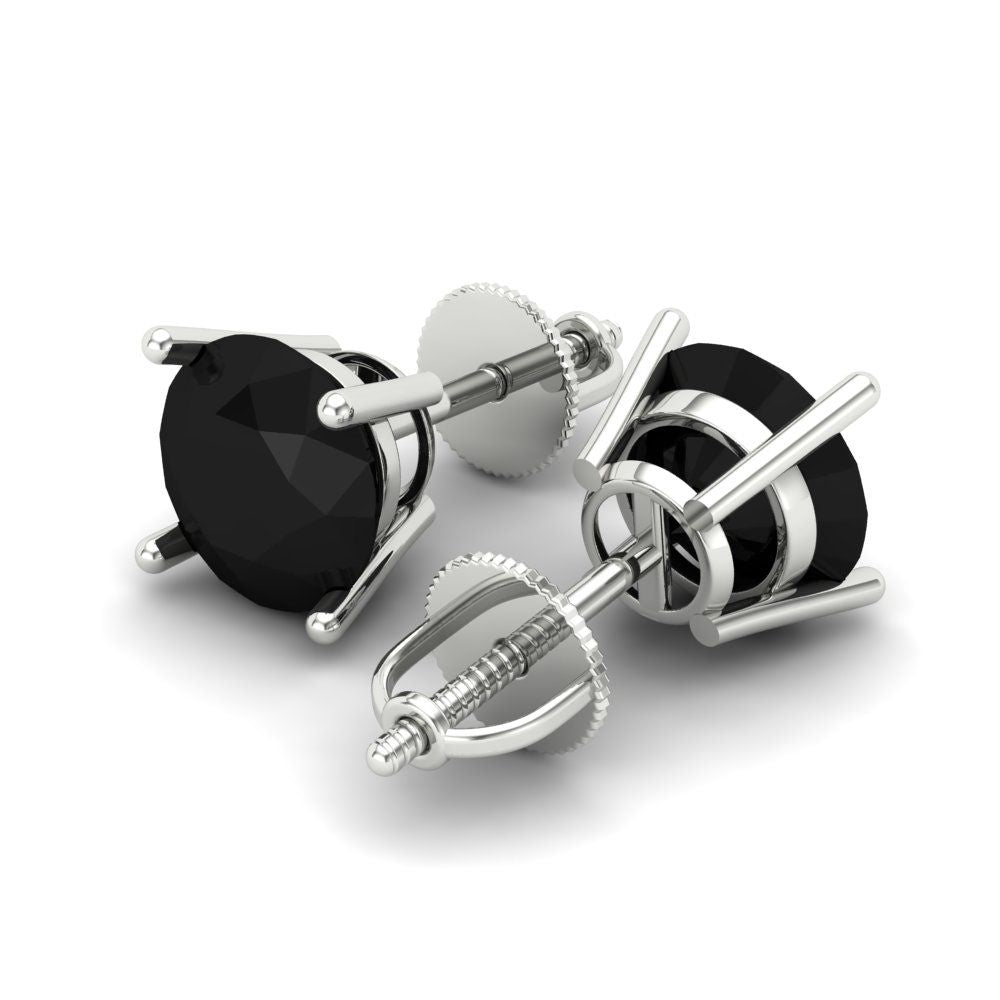 3 ctw Onyx Studs Earrings | 7.5mm Round Cut White Gold Screw back | July Birthstone