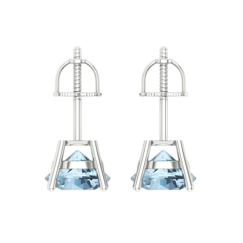 3 ctw Aquamarine Studs Earrings | 7.5mm Round Cut White Gold Screw back | March Birthstone