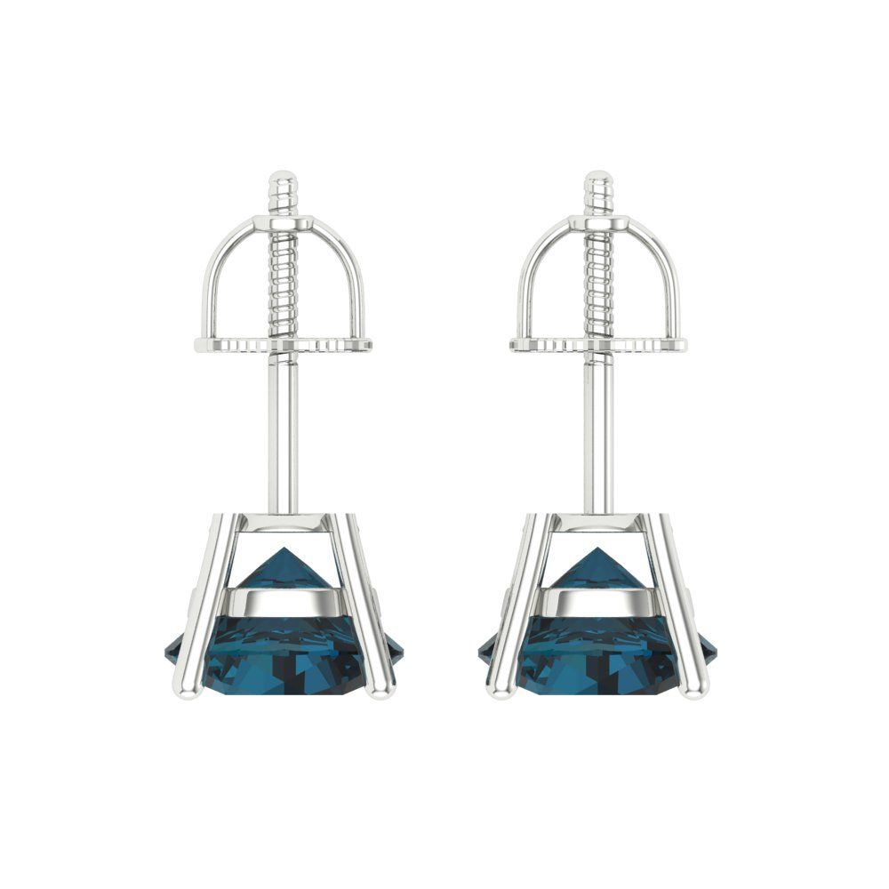 3 ctw London Blue Topaz Studs Earrings | 7.5mm Round Cut White Gold Screw back | December Birthstone