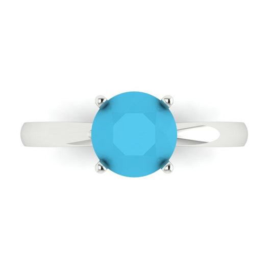 1.5 cttw Simulated Turquoise Solitaire  Engagement Ring - Solid White Gold (VVS1, Round Cut,7.5mm)