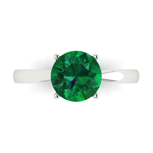 2 cttw Simulated Emerald Solitaire  Engagement Ring - Solid White Gold (VVS1, Round Cut,8.0mm)