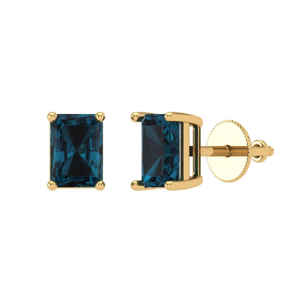 2 ctw London Blue Topaz Studs Earrings | 7x5mm Emerald Cut White Gold Screw back | December Birthstone