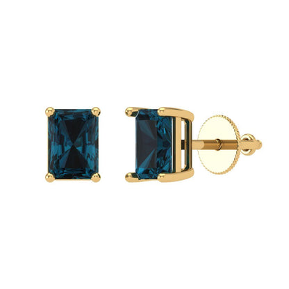 2 ctw London Blue Topaz Studs Earrings | 7x5mm Emerald Cut White Gold Screw back | December Birthstone