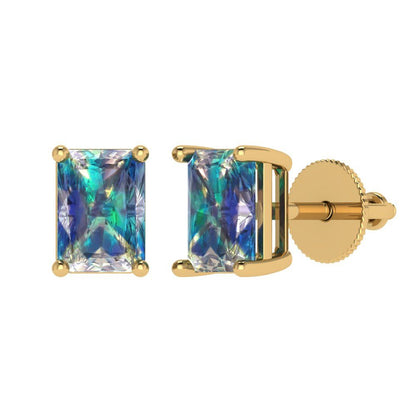 2 ctw Blue Moissanite Studs Earrings | 7x5mm Emerald Cut White Gold Screw back | April Birthstone