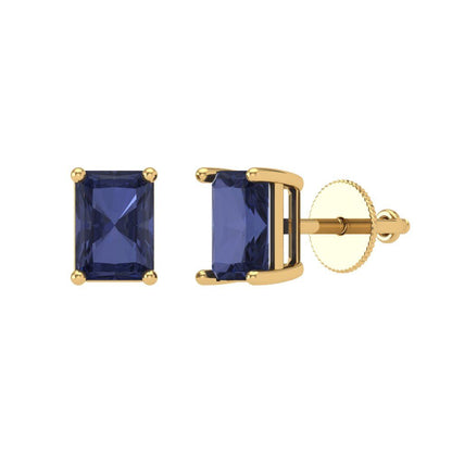 2 ctw Blue Sapphire Studs Earrings | 7x5mm Emerald Cut White Gold Screw back | September Birthstone