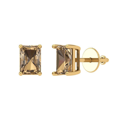 2 ctw Champagne Studs Earrings | 7x5mm Emerald Cut White Gold Screw back | April Birthstone