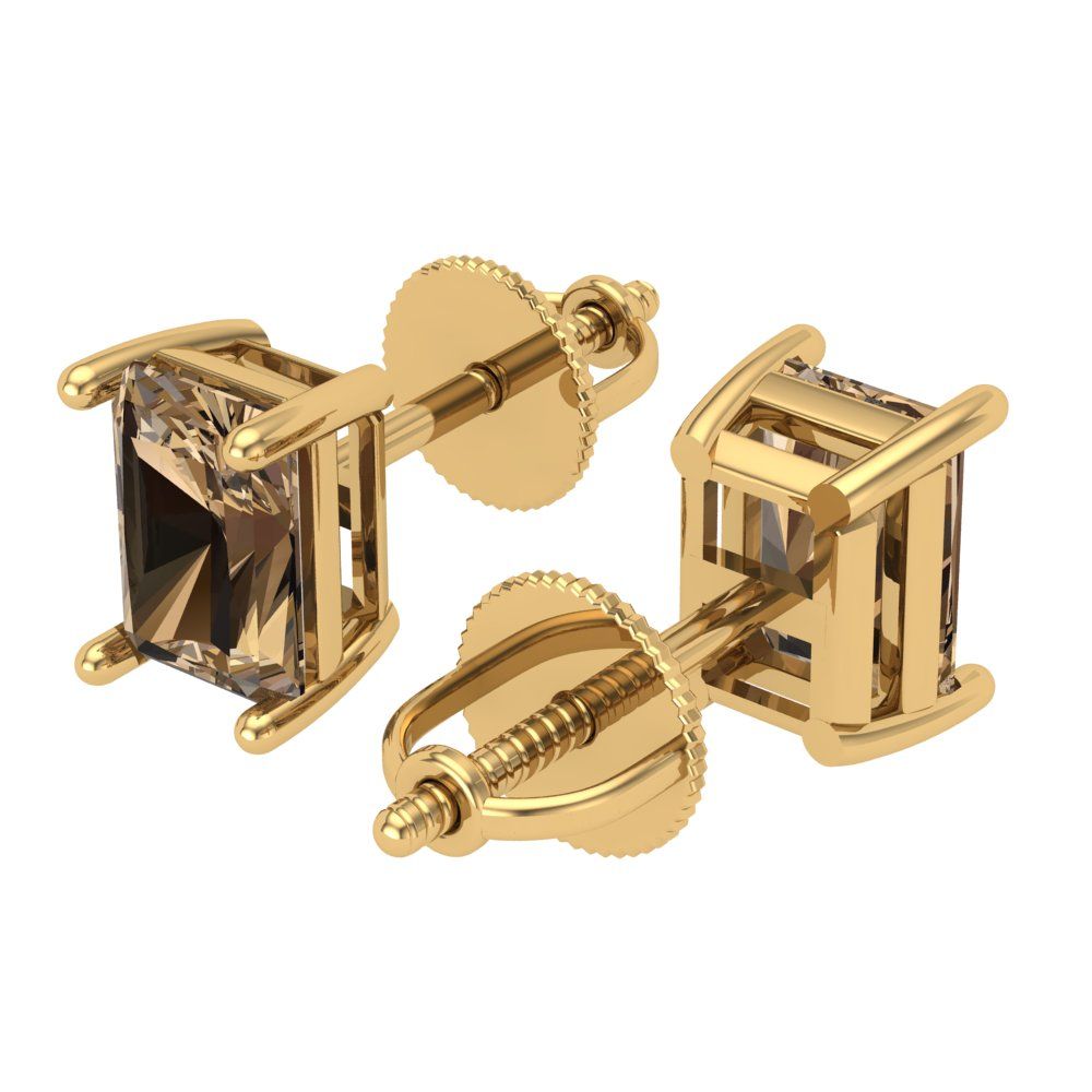 2 ctw Champagne Studs Earrings | 7x5mm Emerald Cut White Gold Screw back | April Birthstone
