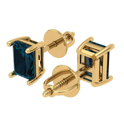 2 ctw London Blue Topaz Studs Earrings | 7x5mm Emerald Cut White Gold Screw back | December Birthstone