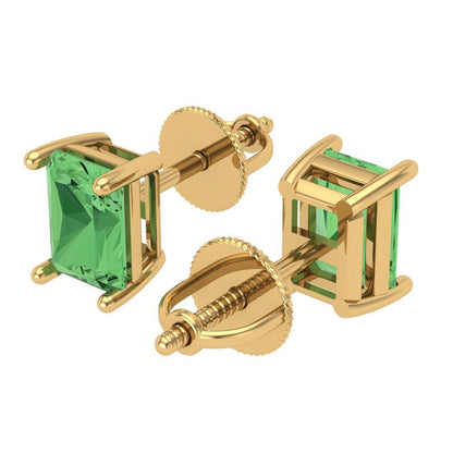 2 ctw Green Zirconia Studs Earrings | 7x5mm Emerald Cut White Gold Screw back | April Birthstone