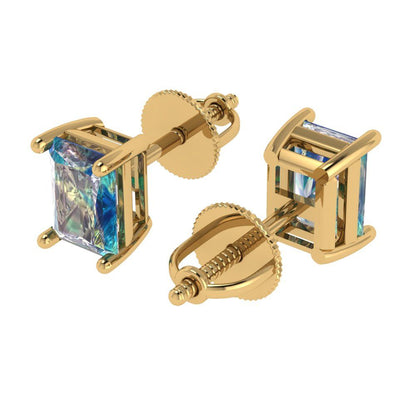 2 ctw Blue Moissanite Studs Earrings | 7x5mm Emerald Cut White Gold Screw back | April Birthstone