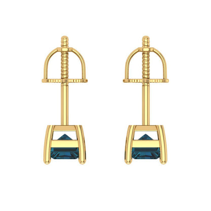 2 ctw London Blue Topaz Studs Earrings | 7x5mm Emerald Cut White Gold Screw back | December Birthstone