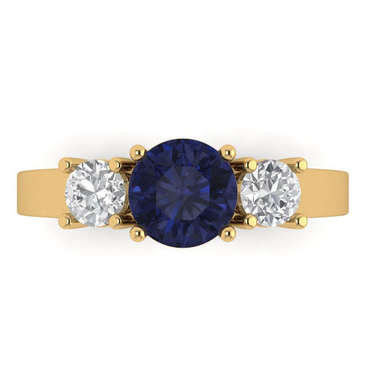 1.5 cttw Simulated Blue Sapphire Three-Stone Engagement Ring - Solid Yellow Gold (VVS1, Round Cut,6.5mm)