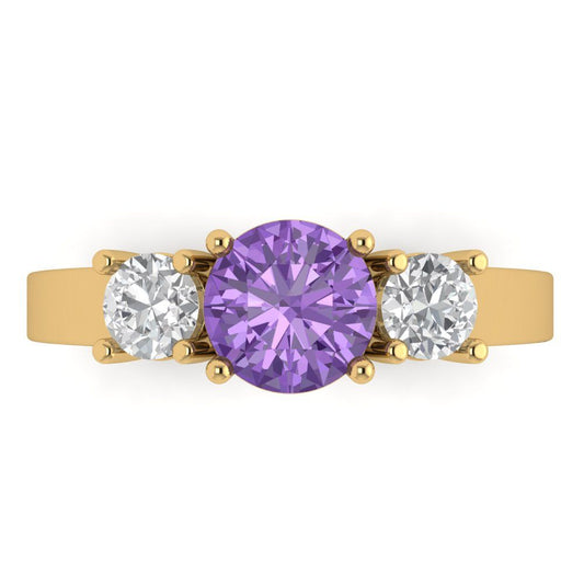 1.5 cttw Simulated Alexandrite Three-Stone Engagement Ring - Solid Yellow Gold (VVS1, Round Cut,6.5mm)